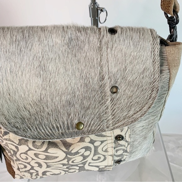 Myra Bag Handbags - Myra Bag Factual Upcycled Canvas & Cowhide Messenger Bag S-1487